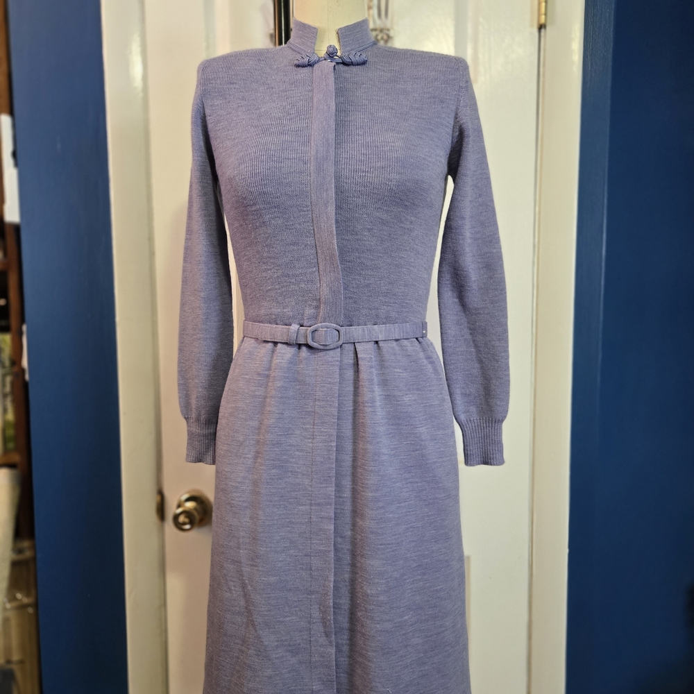 Vintage 70s Filenes Periwinkle Wool Knit Dress With Pocketsand Front Zip